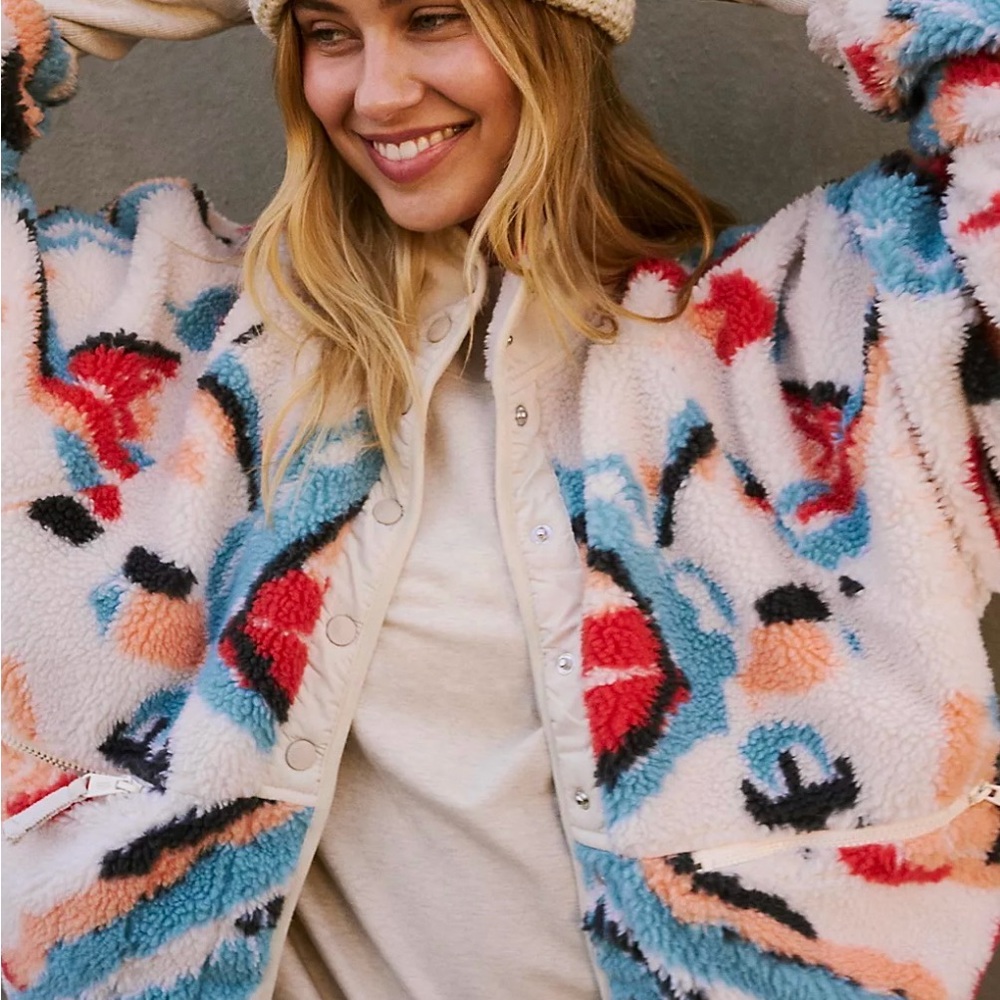 Free People Red and Blue Teddy Jacket with Abstract Design and Fuzzy Texture